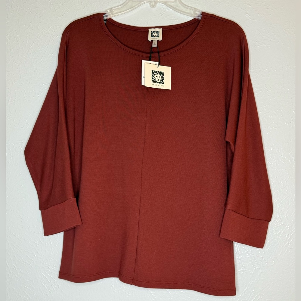 NWT Anne Klein S 3/4 Sleeve Knit Top in Deep Rust